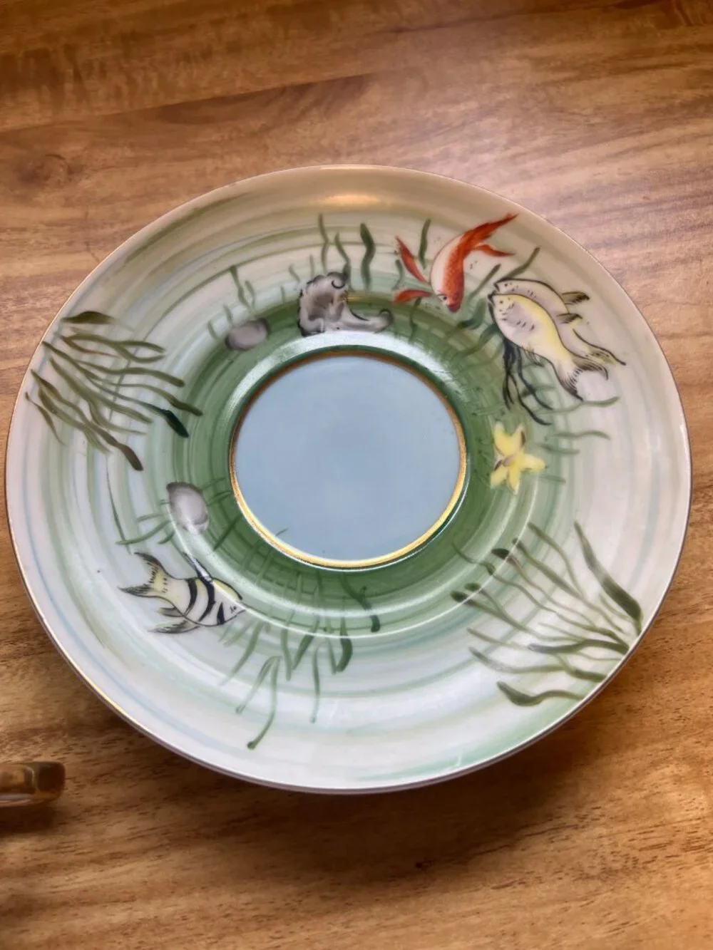 Made in Japan Hand Painted Koi Fish Pond Teacup & Saucer Angel Fish Tropical